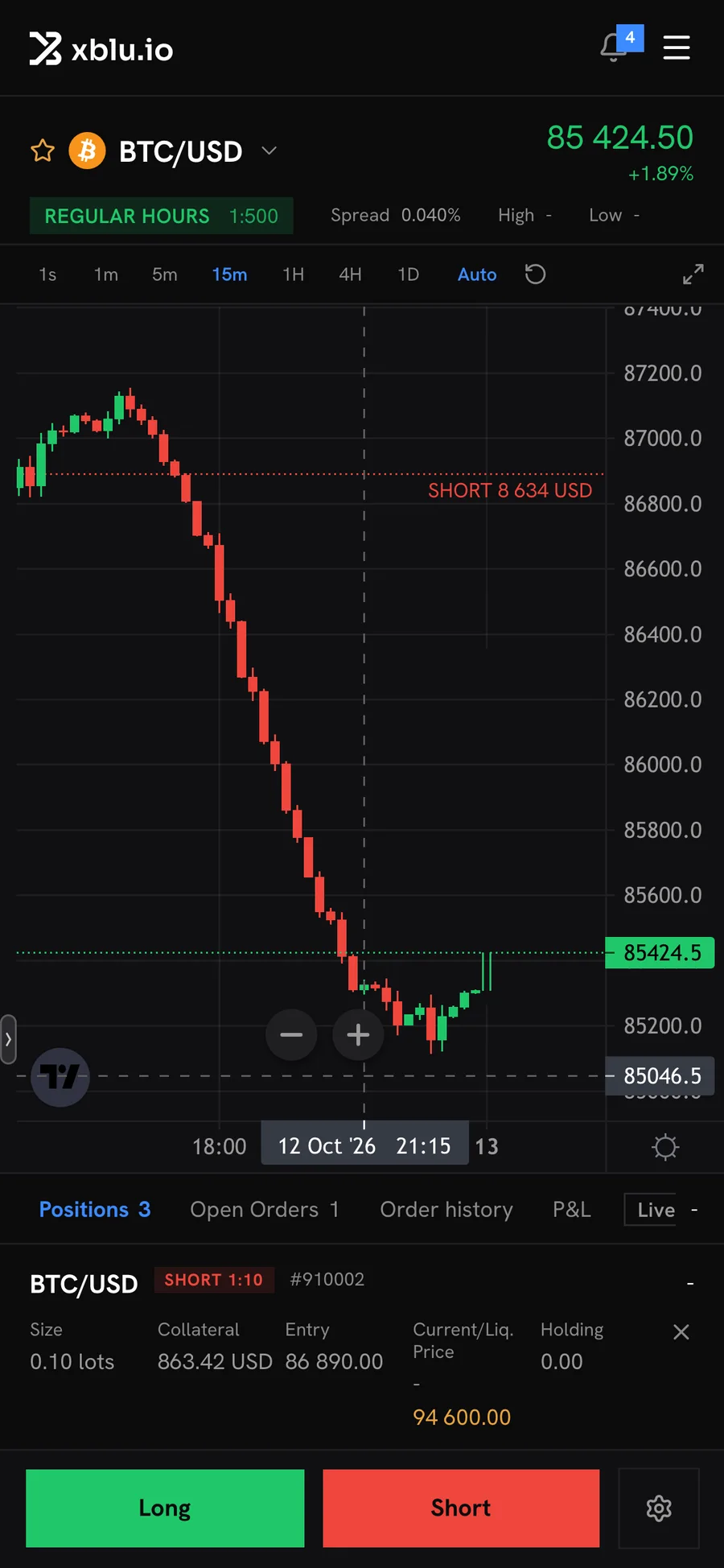 The Xblu terminal on a phone: the BTC/USD chart and an open position.